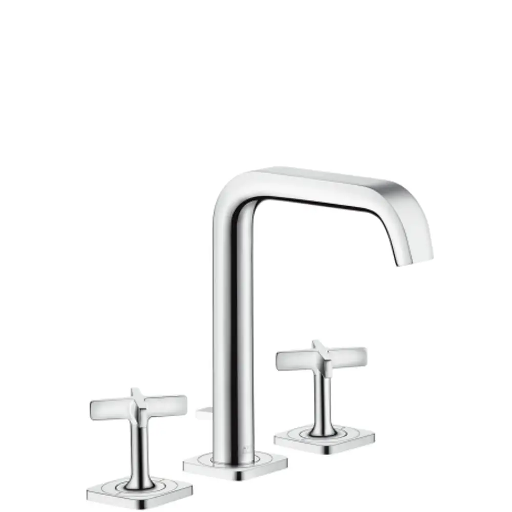 Waschtischarmatur mit zwei Bedienelementen in Chrom, ausgestattet mit Steckdosenablaufgarnitur. Design von AXOR.